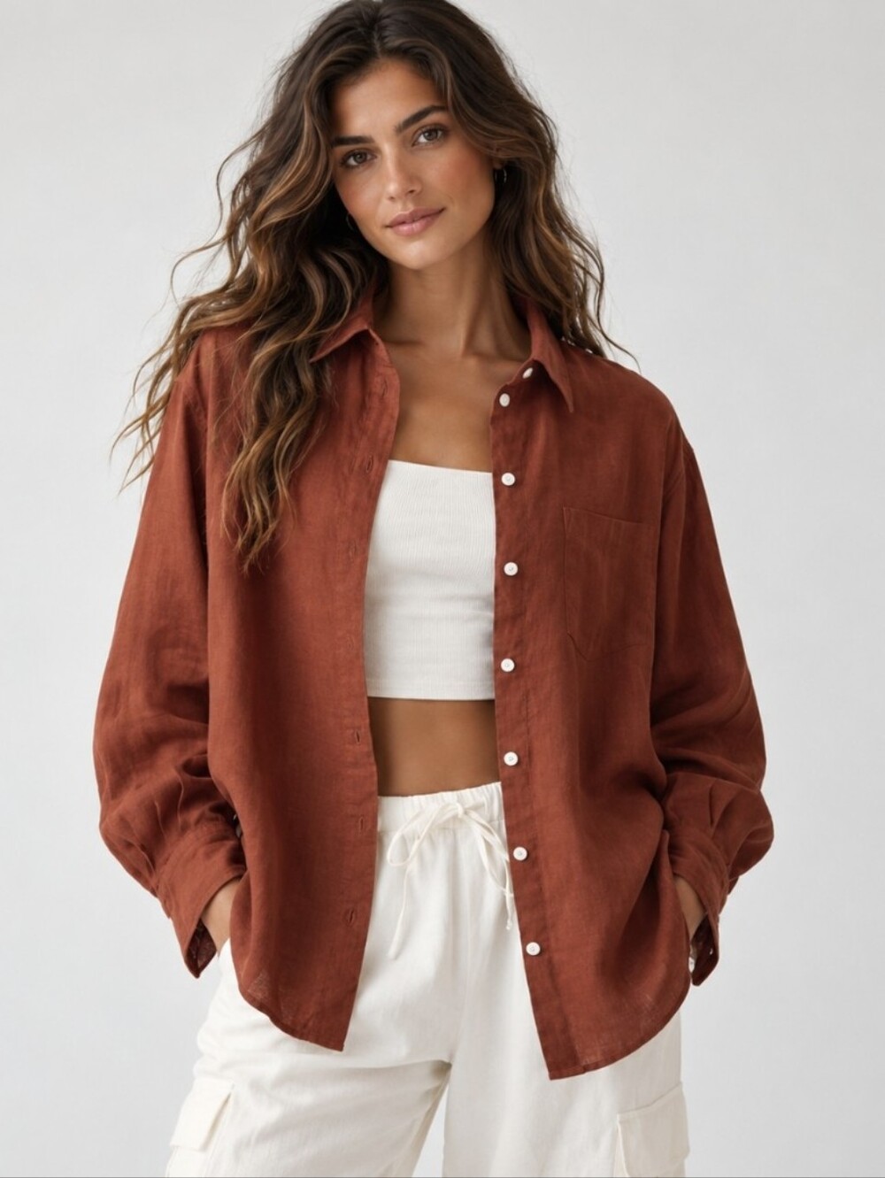 GAP Big Shirt 100% Linen Long Sleeve Button-Up Top Rust Brown Womens Sz S Petite